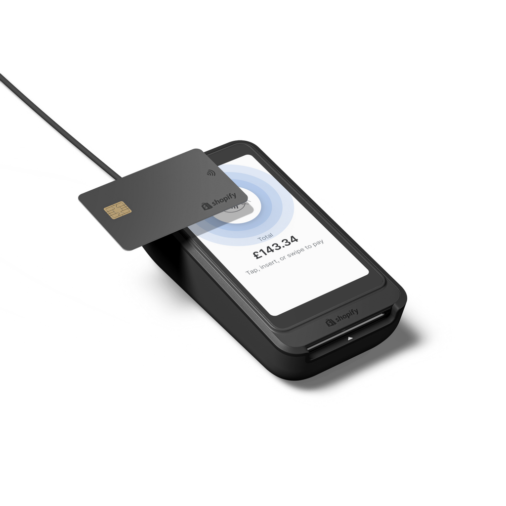 Photo officielle d’un terminal de paiement Shopify POS sur son socle